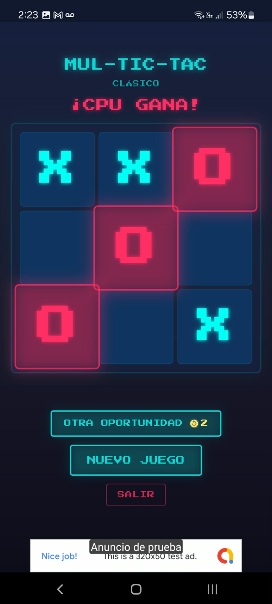 CPU wins in Classic mode — pink O pieces form a diagonal line on the neon arcade board