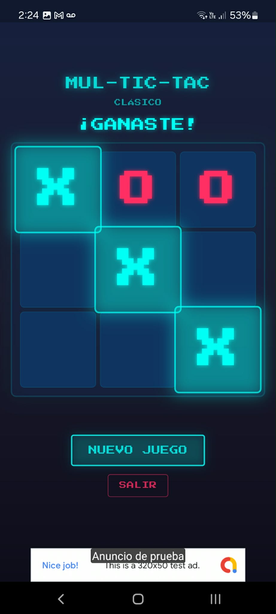 Winning a Classic game in Mul-Tic-Tac! — neon cyan X pieces glow on the dark arcade board